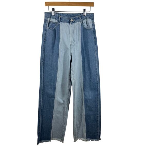 No Brand Denim - Women Jeans Size M Denim Patch Wide Leg Baggy Raw Hem Oversized Grunge Boho Pant